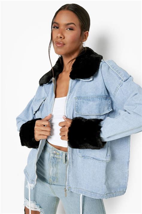 Faux Fur Trim Denim Oversized Coat 